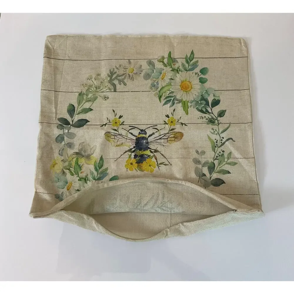 Set of 4 Farmhouse Floral Throw Pillow Covers 18x18 Daisy Bee Truck Beige